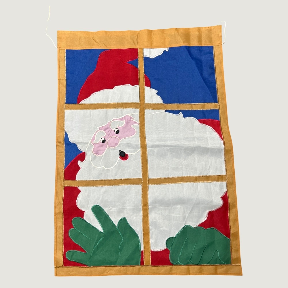 Santa in Window Garden Yard Flag 39x28 Applique Christmas Banner Vtg 90s Holiday